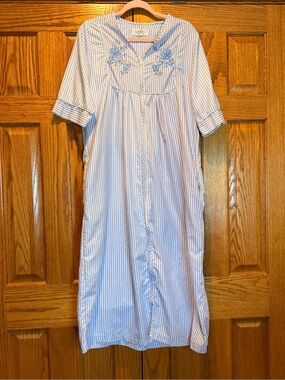 Casual Nights Embroidered Cotton Nightgown - Light Blue Stripes